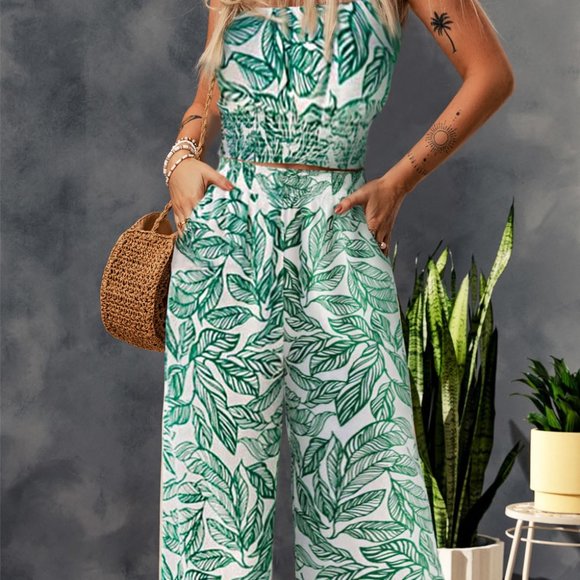 Nooklia Pants - Green Tropical Print Spaghetti Strap Wide Leg Two Piece Pants Set